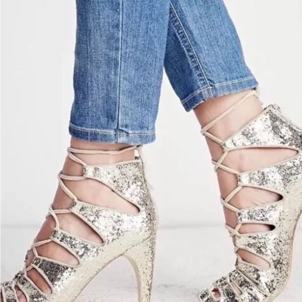 Jeffery Campbell for Free People Gold Sequin Lace Up Heels Gold Glitter Sz 9.5 - Picture 3 of 15